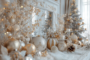 Wall Mural - Christmas display with a mirror and decorations on it in white and gold colors