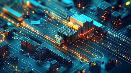 Poster - A futuristic city built on a circuit board, with glowing lights and buildings.