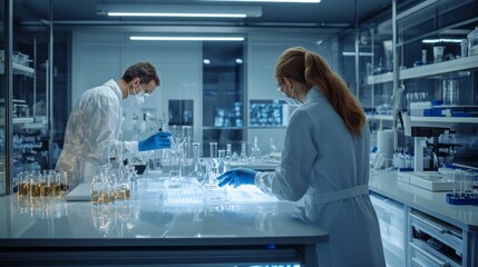 Poster - Two scientists in a lab, one wearing a white lab coat