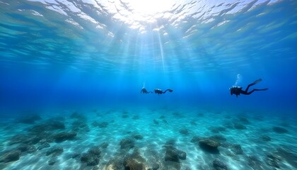 Wall Mural - Tranquil underwater coral reef illuminated by radiant sunbeams, highlighting vibrant marine biodiversity in a serene ocean environment