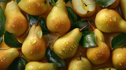 Wall Mural - Close up of fresh yellow pear fruit background with leaves, top view. Photorealistic high resolution macro photography for advertising or food design.