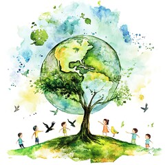 Watercolor Illustration of Children Playing Around a Tree Shaped Like the Earth.