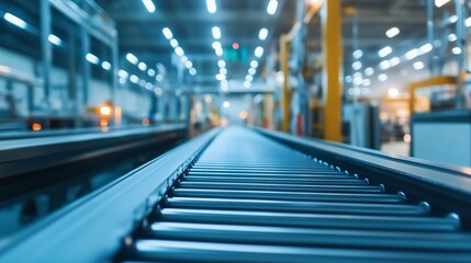 Sticker - Conveyor belt extends through a modern automated warehouse during evening hours showcasing industrial efficiency