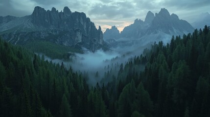 Poster - A mountain range with a foggy mist in the air