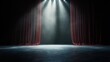 © narak0rn - Theater stage with red curtains illuminated by spotlight, ready for performance.