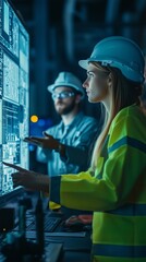 Poster - engineers collaborating at a control room, analyzing data on large screens during nighttime operatio