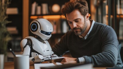 Aufkleber - A man is sitting at a desk with a robot next to him