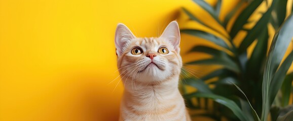 Curious cream tabby cat with tropical plant on yellow background. Pet care and indoor gardening lifestyle concepts. Place for text