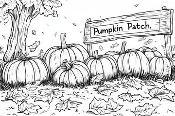 coloring page illustration featuring a collection of pumpkins in a pumpkin patch with autumn leaves 