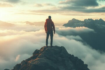 Solitary Hiker on Mountain Peak at Sunrise