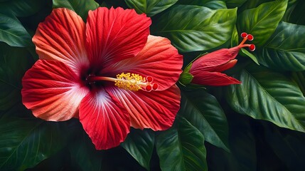 Wall Mural - A close-up of a vibrant red hibiscus flower against a backdrop of lush green leaves