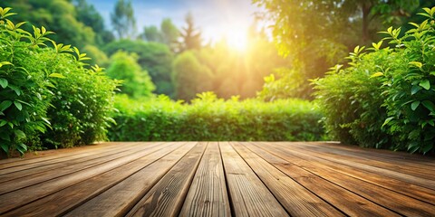 Wooden terrace with green bushes and bright sunlight in the background