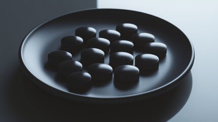 Poster - A collection of smooth black stones is neatly arranged on a matte dark plate. The composition captures the elegance of simplicity, illuminated by soft natural light from a nearby source.