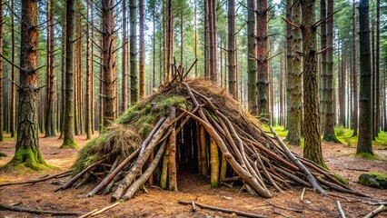 Woodland hut made of twigs, primitive skills, shelter, tree branches, pine forest