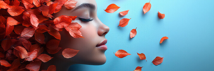 A peaceful face silhouette with floating leaves around, representing mindfulness, on a pastel backdrop,