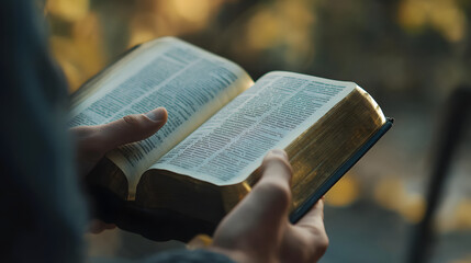 Close-up of Christian man's hands while reading the Bible outside.Sunday readings, Bible education. spirituality and religion concept. Reading a book.