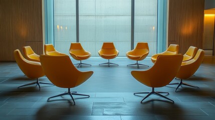 A symmetrical circle of minimalist chairs in a professional setting, symbolizing equality and fairness in an upcoming negotiation, clean and modern design