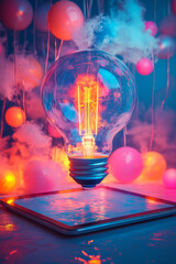 Poster - A digital tablet with a glowing screen showing virtual classroom materials, floating on a pastel surface,
