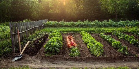 A garden with rows of growing vegetables with a shovel leaning on a fence.