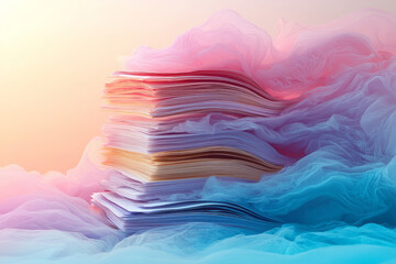 Poster - A stack of scientific journals and research papers, floating on a pastel backdrop,