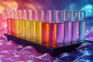 Poster - A test tube rack with multiple colorful samples, floating in pastel space,
