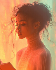 Poster - A person reading a book with a soft light surrounding them, isolated on a pastel background,