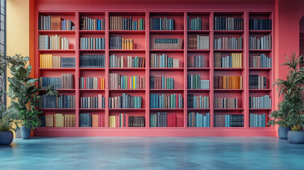 Poster - A bookshelf full of learning materials and self-development books, isolated on a pastel gradient,