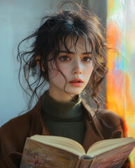 Poster - A person reading a book with a soft light surrounding them, isolated on a pastel background,