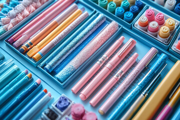 Aufkleber - A set of sticky notes and highlighters, floating on a soft pastel backdrop, representing self-study organization,