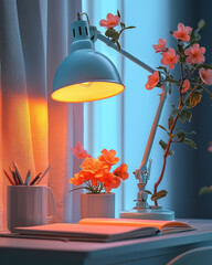 Poster - A peaceful desk setup with a glowing desk lamp and self-study materials, isolated on a pastel background,