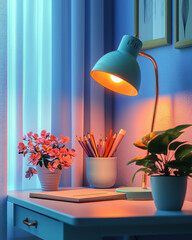 Poster - A peaceful desk setup with a glowing desk lamp and self-study materials, isolated on a pastel background,