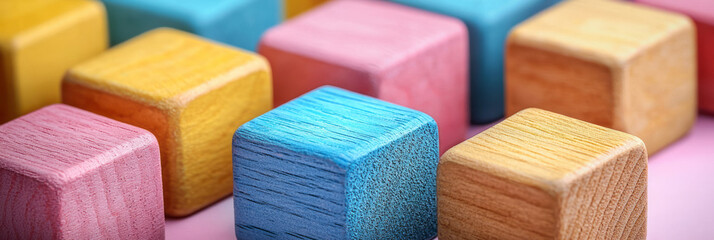 Poster - A set of wooden alphabet blocks, symbolizing early learning, floating on a pastel backdrop,