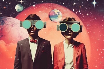 Wall Mural - collage retro dreamy of s couple criyng astronomy portrait universe.