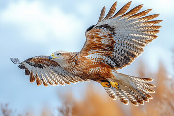 Poster - A majestic eagle with wings spread wide, soaring through a pastel sky,