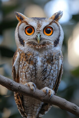 Poster - A wise owl with wide, glowing eyes, perched on a branch,