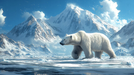 Poster - A polar bear walking across a frozen tundra, with icy mountains in the distance,