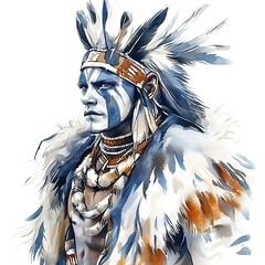 Sticker - Watercolor Portrait of a Native American Man with Feathers and Face Paint.