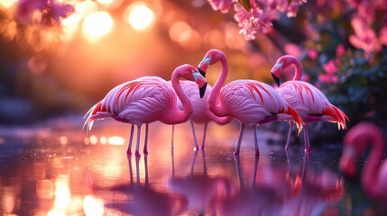 Aufkleber - A group of flamingos standing in a shallow lake, with their pink reflections mirrored in the water,