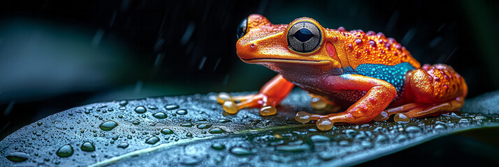 Aufkleber - A brightly colored poison dart frog sitting on a large tropical leaf in the rainforest,
