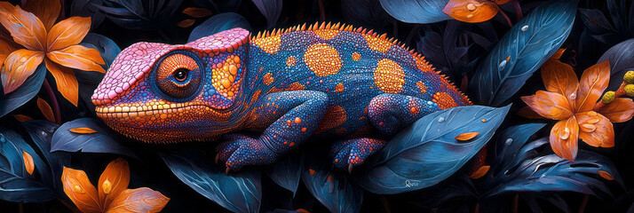 Poster - A brightly colored chameleon blending into the vibrant leaves of a tropical jungle,