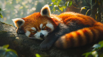 Poster - A red panda curled up on a tree branch, surrounded by lush greenery,