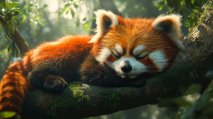 Poster - A red panda curled up on a tree branch, surrounded by lush greenery,