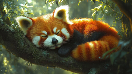 Poster - A red panda curled up on a tree branch, surrounded by lush greenery,