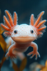 Fototapete - A close-up of an axolotl swimming in clear water, its unique gills gently moving,