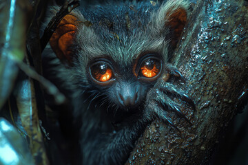 Poster - An aye-aye clinging to a tree in the dark, its glowing eyes and long fingers reaching for food,