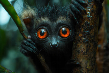 Poster - An aye-aye clinging to a tree in the dark, its glowing eyes and long fingers reaching for food,