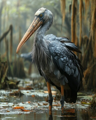 Aufkleber - A shoebill stork standing in a swamp, with its enormous beak and prehistoric appearance,