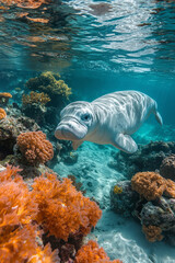 Poster - A dugong swimming gracefully in shallow waters, surrounded by colorful coral reefs,