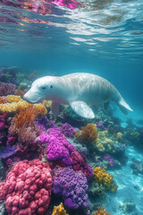 Poster - A dugong swimming gracefully in shallow waters, surrounded by colorful coral reefs,
