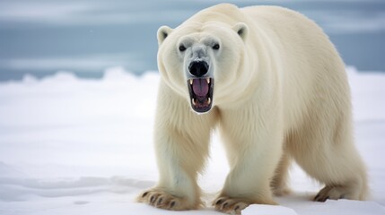 Wall Mural - a majestic polar bear roars on a snowy landscape under a stark white sky, epitomizing strength and t